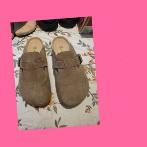 Suede Slip-On Clog Slides in Taupe